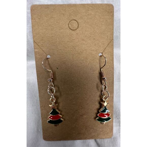 Handmade Green and Red Christmas Tree Dangly Earrings - Picture 1 of 4